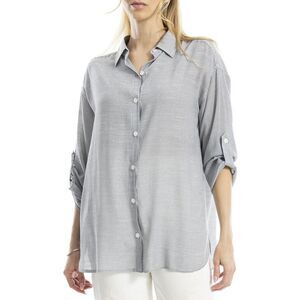 Max Studio Womens Roll Tab Oversized Button Front Shirt, Blue